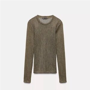 Zara Metallic Gold Thred Sheer Long Sleeve Knit Top